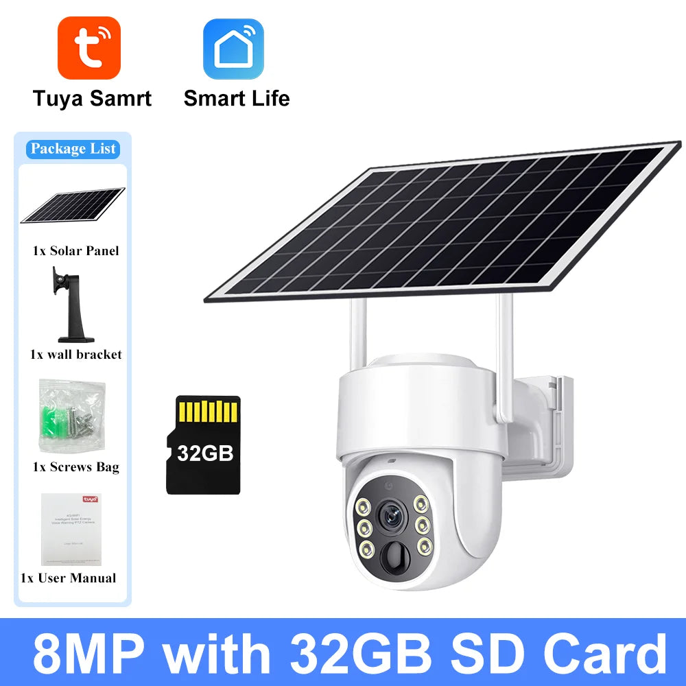Tuya Solar WiFi Security Camera Outdoor Wireless 8MP Low Power Battery PTZ Camera PIR Motion Detection CCTV Video Surveieillance