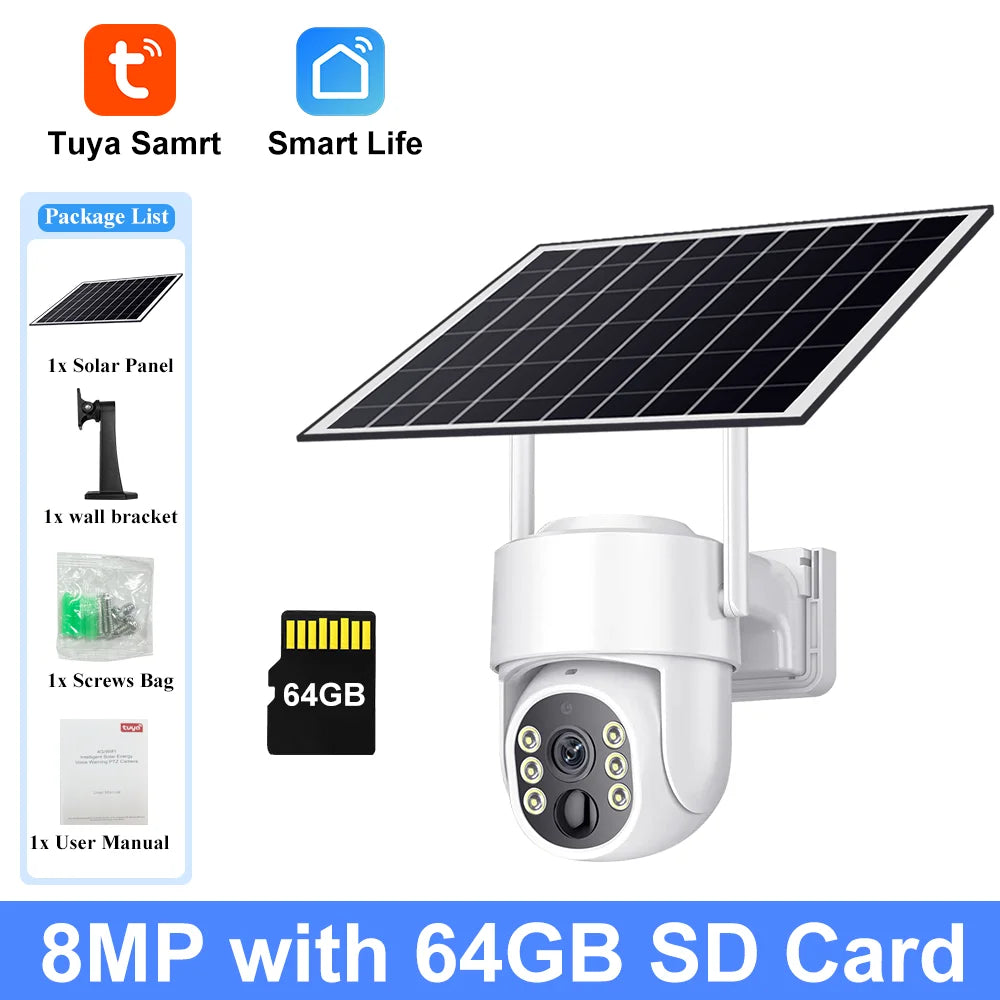 Tuya Solar WiFi Security Camera Outdoor Wireless 8MP Low Power Battery PTZ Camera PIR Motion Detection CCTV Video Surveieillance