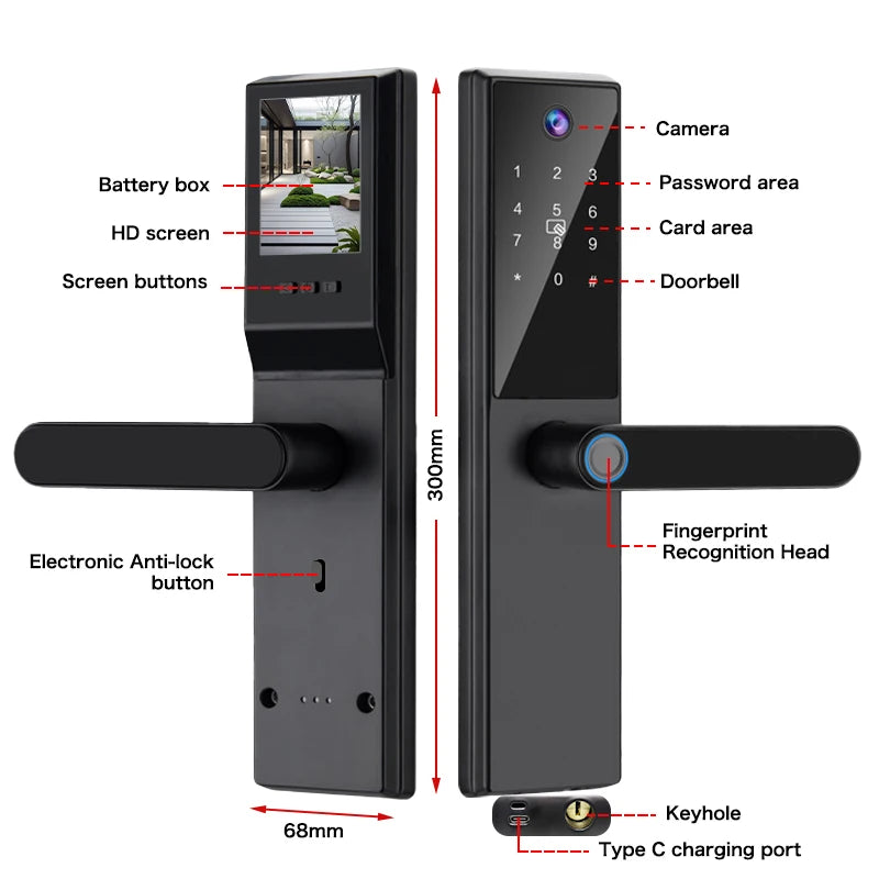 Tuya WiFi Digital Electronic Smart Door Lock with Camera Photo Capture for Residential and Apartment Entrance doors