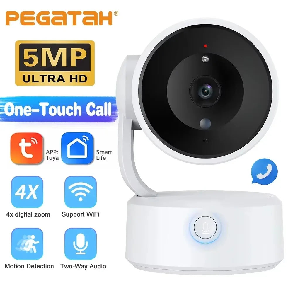 PEGATAH Tuya 5MP One-touch Call Indoor Baby Monitor WiFi PTZ Camera Auto Tracking Color Night Vision IP CCTV Surveillance Camera