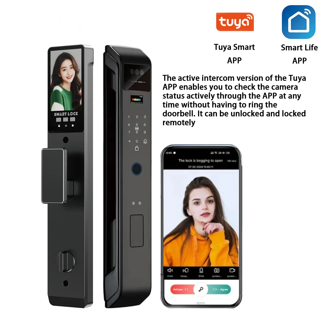 Tuya APP Smart Life APP Control Voice Intercom Smart Lock 3D Face Recognition Fingerprint Password Smart  Door Lock With Camera