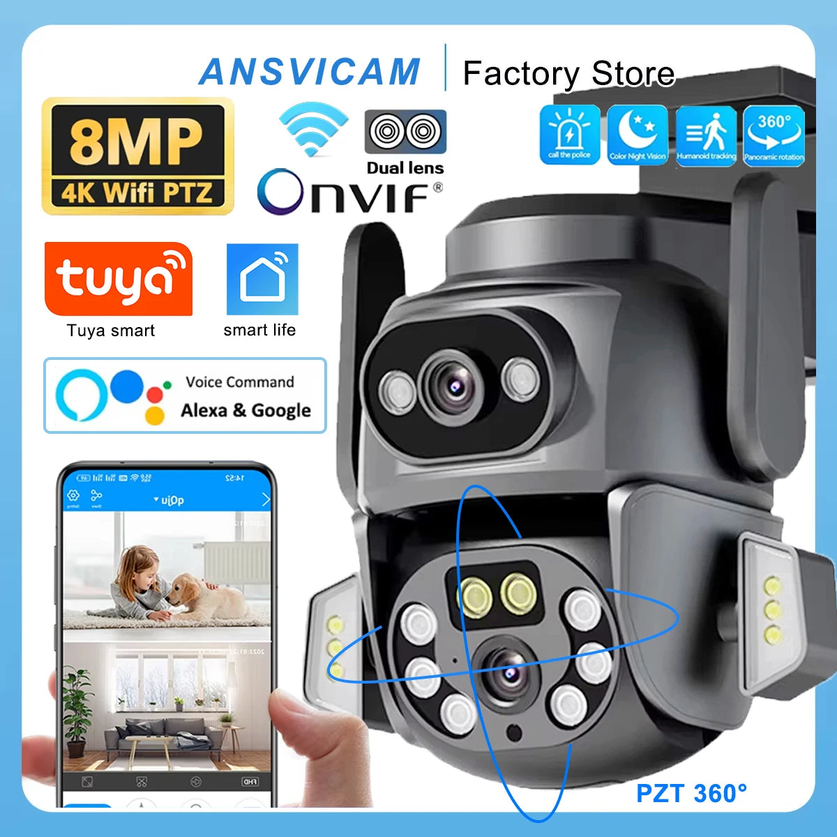 4K 8MP WIFI Camera TUYA APP Dual Screen Cam Binocular AI Body Automatic Tracking CCTV Alexa Security Intelligent IP66 Monitoring